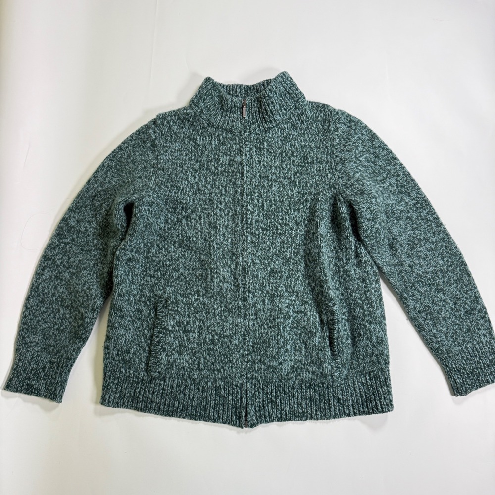 L.L.Bean Cardigan Sweater Womens XL marled Teal Green Lambswool Full Zip